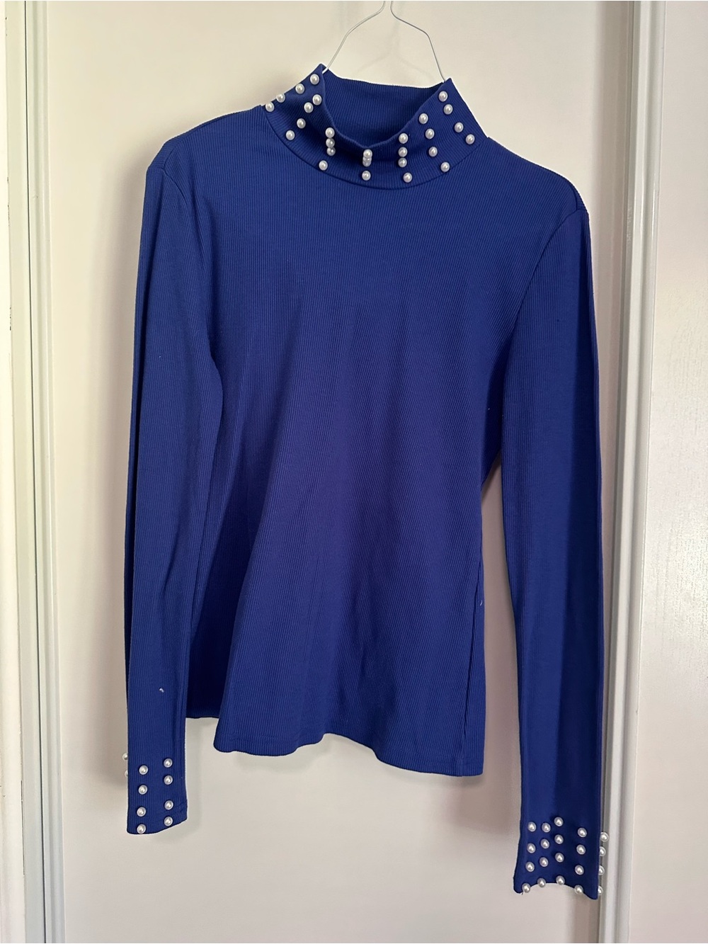 SHEIN Royal Blue Pearl-Embellished Mock Neck Long Sleeve Top